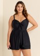 Plain Black Bowknot Pocket Gathered Romper One Piece Swimsuit