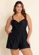 Plain Black Bowknot Pocket Gathered Romper One Piece Swimsuit