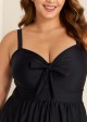 Plain Black Bowknot Pocket Gathered Romper One Piece Swimsuit