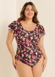 Curvy Red Floral Short Sleeve Swimsuit And Swimwear One Piece Swimsuit