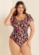 Curvy Red Floral Short Sleeve Swimsuit And Swimwear One Piece Swimsuit