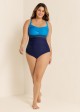 Blue Panelled Twist Front Modest Plus Size One Piece Swimsuit