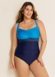 Blue Panelled Twist Front Modest Plus Size One Piece Swimsuit