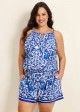 Plus Size Blue Floral Print High Neck Flattering Pocket Swimsuit One Piece Swim Romper