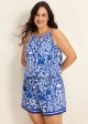 Plus Size Blue Floral Print High Neck Flattering Pocket Swimsuit One Piece Swim Romper