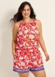 Curvy Red Floral Keyhole Neck Flattering Pocket Women's Swimsuit One Piece Swim Romper