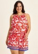 Curvy Red Floral Keyhole Neck Flattering Pocket Women's Swimsuit One Piece Swim Romper