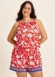 Curvy Red Floral Keyhole Neck Flattering Pocket Women's Swimsuit One Piece Swim Romper