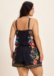 Plus Size Black Tropical Floral Keyhole Neck Modest Pocket Swimsuit One Piece Swim Romper
