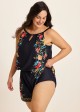 Plus Size Black Tropical Floral Keyhole Neck Modest Pocket Swimsuit One Piece Swim Romper
