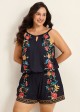 Plus Size Black Tropical Floral Keyhole Neck Modest Pocket Swimsuit One Piece Swim Romper