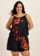 Curvy Red Tropical Floral Keyhole Neck Modest Pocket Women's Swimsuit One Piece Swim Romper