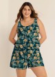 Green Swimming Costume Tropical Floral Scoop Neck Wide Strap Pocket Plus Size Swim Romper