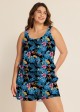 Blue One Piece Swim Romper Floral Scoop Neck Wide Strap Pocket Swimwear