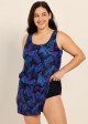 Purple Leaf Black Swimming Costume Scoop Neck Wide Straps and Pocket One Piece Swim Romper