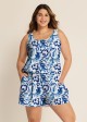 Curvy Blue And White Floral Vintage Wide Straps Pocket Swimsuit One Piece Swim Romper