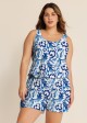 Curvy Blue And White Floral Vintage Wide Straps Pocket Swimsuit One Piece Swim Romper