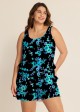 Plus Size Blue Floral Vintage Wide Straps Pocket Women's Swimsuit One Piece Swim Romper