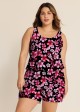 Plus Size Pink Floral Modest Wide Straps Pocket Women's Swimsuit One Piece Swim Romper
