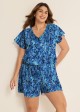 Blue Leaf V Neck Upf50+ Short Sleeves Vintage Pocket Curvy Swimsuit One Piece Swim Romper