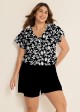 Plus Size Black Floral Upf50+ Short Sleeves Modest Pocket Swimsuit One Piece Swim Romper