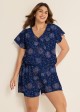 Curvy Navy Blue Floral Print Upf50+ Short Sleeves Pocket Swimsuit One Piece Swim Romper