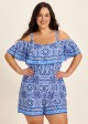 Curvy Blue Floral Print Off The Shoulder Flattering Ruffle Swimsuit One Piece Swim Romper