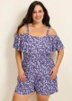 Purple Floral Print Flattering Off Shoulder Ruffled Plus Size Swimsuit One Piece Swim Romper