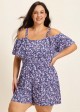 Purple Floral Print Flattering Off Shoulder Ruffled Plus Size Swimsuit One Piece Swim Romper