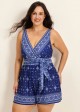 Navy Geometric Print V Neck Modest Wrap Pocket Plus Size Swimsuit One Piece Swim Romper