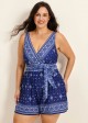 Navy Geometric Print V Neck Modest Wrap Pocket Plus Size Swimsuit One Piece Swim Romper