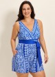 Blue And White Floral V Neck Modest Wrap Pocket Curvy Swimsuit One Piece Swim Romper