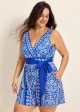 Blue And White Floral V Neck Modest Wrap Pocket Curvy Swimsuit One Piece Swim Romper
