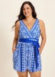 Blue And White Floral V Neck Modest Wrap Pocket Curvy Swimsuit One Piece Swim Romper