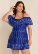 Plus Size Navy Off The Shoulder Line Flowers Women One Piece Swimdress