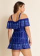 Plus Size Navy Off The Shoulder Line Flowers Women One Piece Swimdress