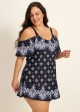 Plus Size Baroque Pattern Print Off The Shoulder Modest Women's Swimsuit One Piece Swimdress