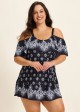 Plus Size Baroque Pattern Print Off The Shoulder Modest Women's Swimsuit One Piece Swimdress