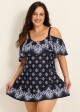 Plus Size Baroque Pattern Print Off The Shoulder Modest Women's Swimsuit One Piece Swimdress