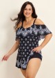 Plus Size Baroque Pattern Print Off The Shoulder Modest Women's Swimsuit One Piece Swimdress