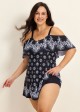 Plus Size Baroque Pattern Print Off The Shoulder Modest Women's Swimsuit One Piece Swimdress