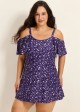 Purple Floral Off The Shoulder Flattering Plus Size Women's Swimsuit One Piece Swim Romper