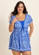 Curvy Blue And White Floral Short Sleeves Modest Padded Women's Swimsuit Swimdress Top