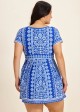 Curvy Blue And White Floral Short Sleeves Modest Padded Women's Swimsuit Swimdress Top