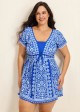 Curvy Blue And White Floral Short Sleeves Modest Padded Women's Swimsuit Swimdress Top