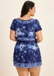 Blue Floral Short Sleeves Vintage Padded Plus Size Women's Swimsuit Swimdress Top