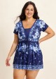 Blue Floral Short Sleeves Vintage Padded Plus Size Women's Swimsuit Swimdress Top