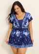 Blue Floral Short Sleeves Vintage Padded Plus Size Women's Swimsuit Swimdress Top