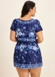 Blue Floral Short Sleeves Vintage Padded Plus Size Women's Swimsuit Swimdress Top
