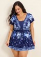 Blue Floral Short Sleeves Vintage Padded Plus Size Women's Swimsuit Swimdress Top
